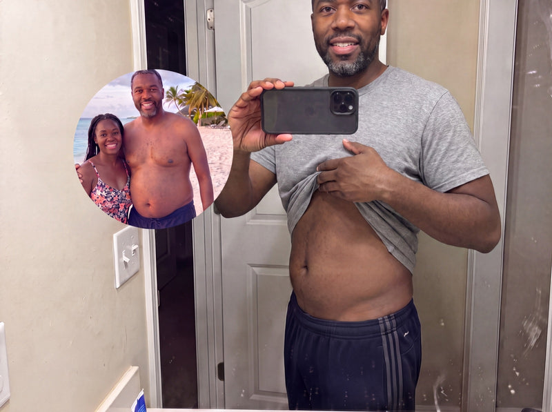 Man taking a mirror selfie lifting his shirt, with a before beach photo inset