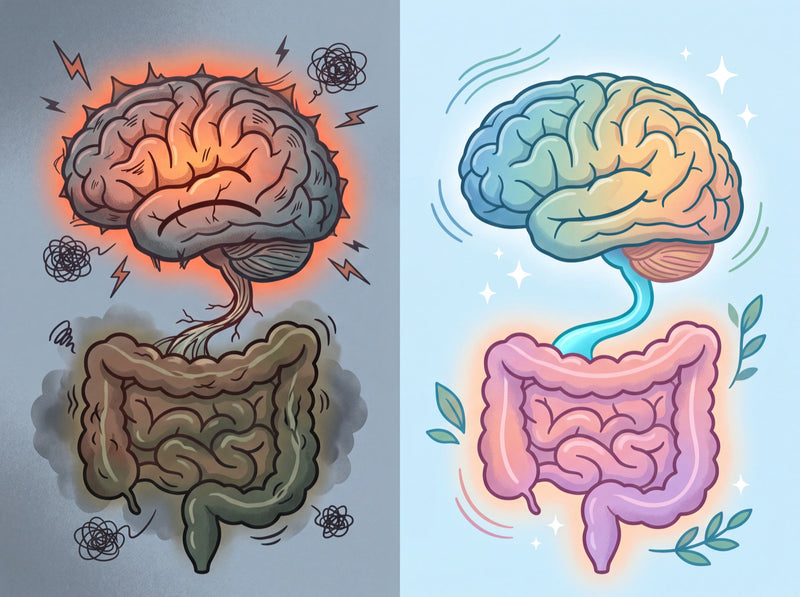 Illustration of an inflamed brain and gut next to a calm, balanced brain and gut
