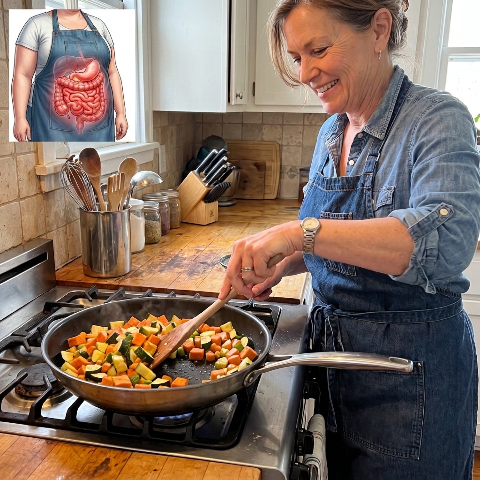 Woman cooking healthy vegetables, with an illustration of an inflamed gut