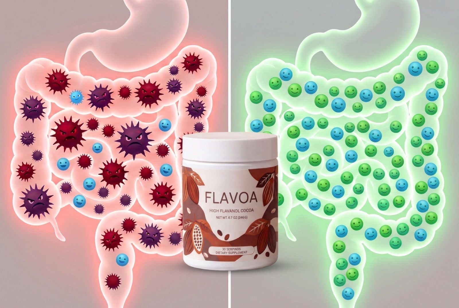 Inflamed gut versus healthy gut, with a jar of Flavoa high flavanol cocoa in the middle