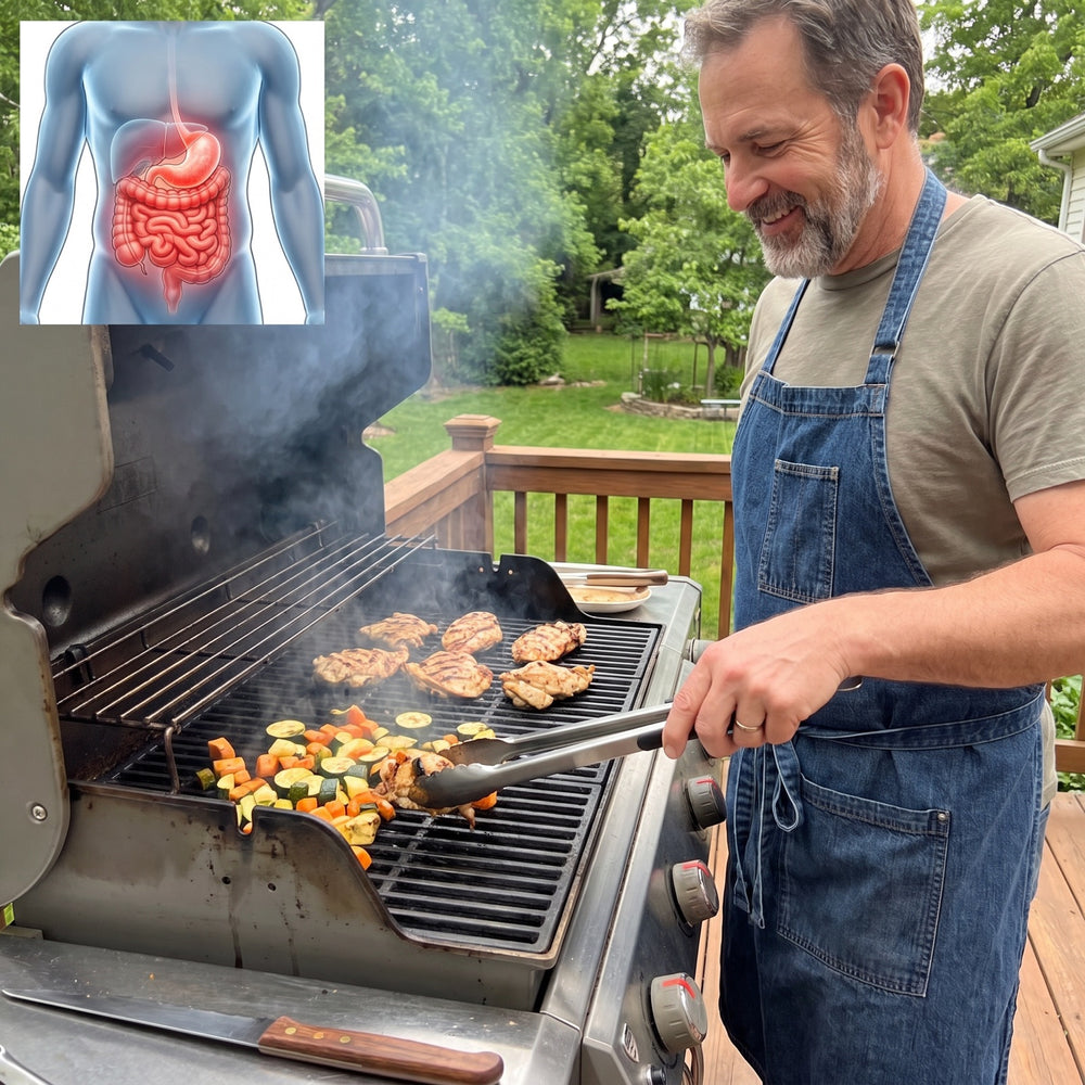 Man grilling chicken and vegetables, with an illustration of an inflamed gut