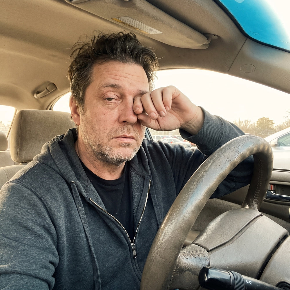 Exhausted man rubbing his eyes behind the wheel of his car