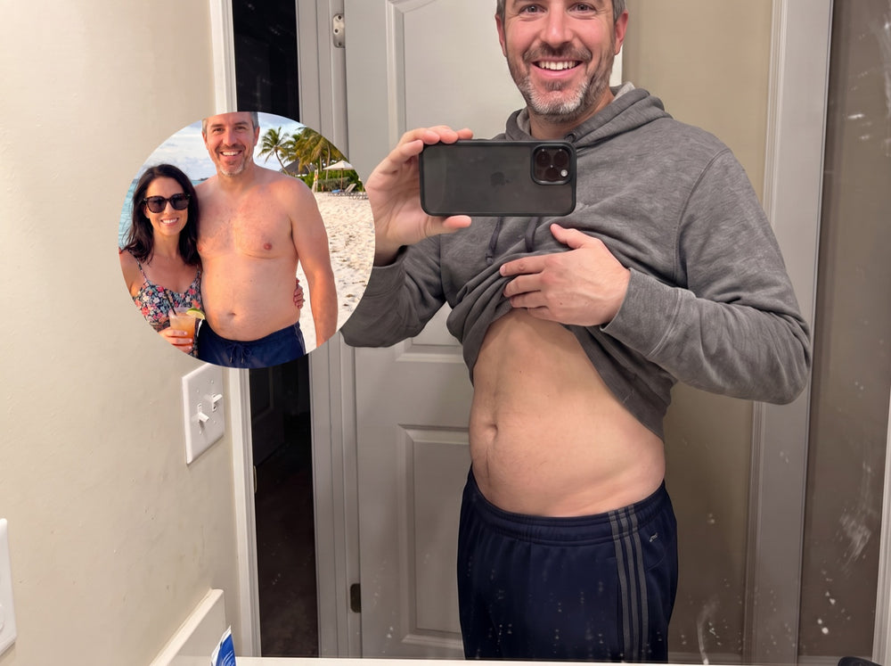 Man taking a mirror selfie lifting his hoodie, with a before beach photo inset