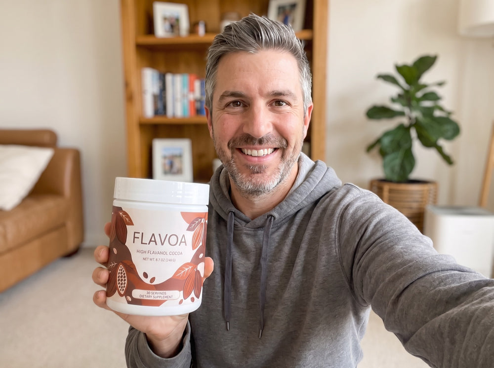 Reviewer holding his jar of Flavoa high flavanol cocoa