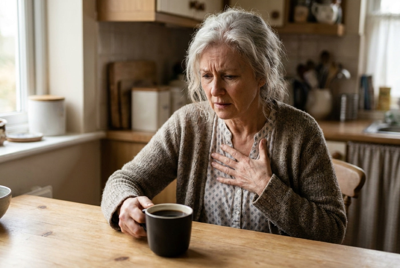 Woman pushing her coffee away while pressing a hand to her racing heart