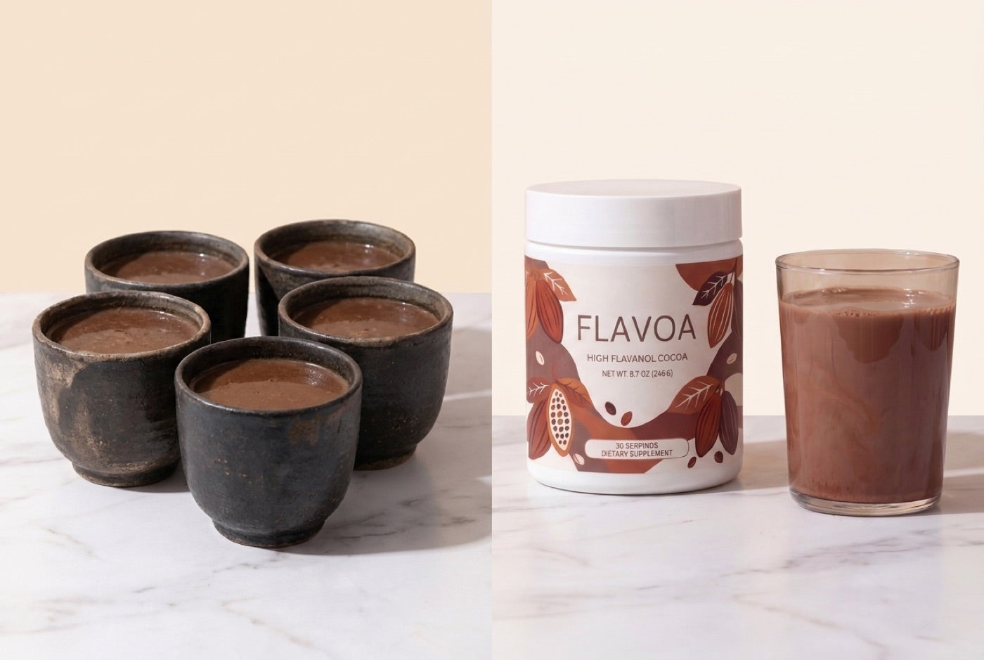Five cups of bitter raw cacao next to the Flavoa jar and one glass of creamy chocolate drink