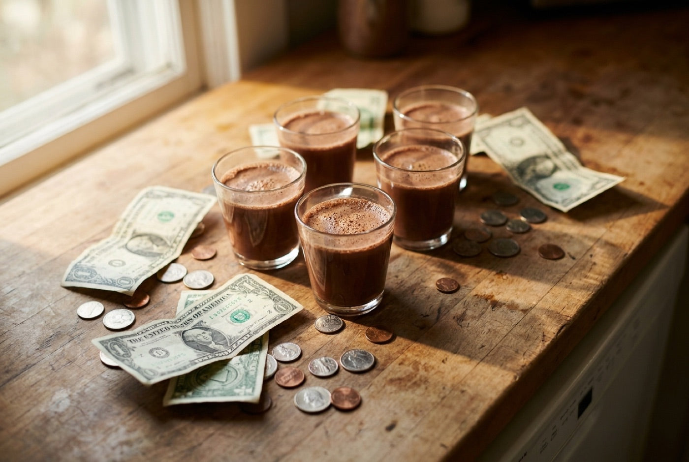 Five glasses of raw cacao surrounded by scattered cash and coins