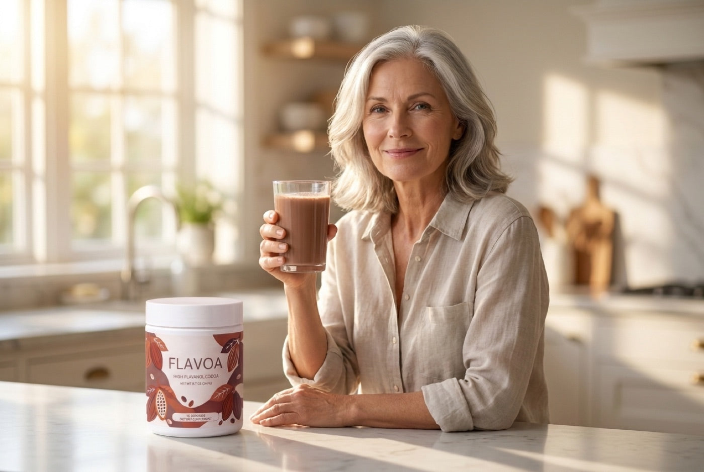 Woman in her 60s in her kitchen holding a glass of Flavoa cocoa next to the jar