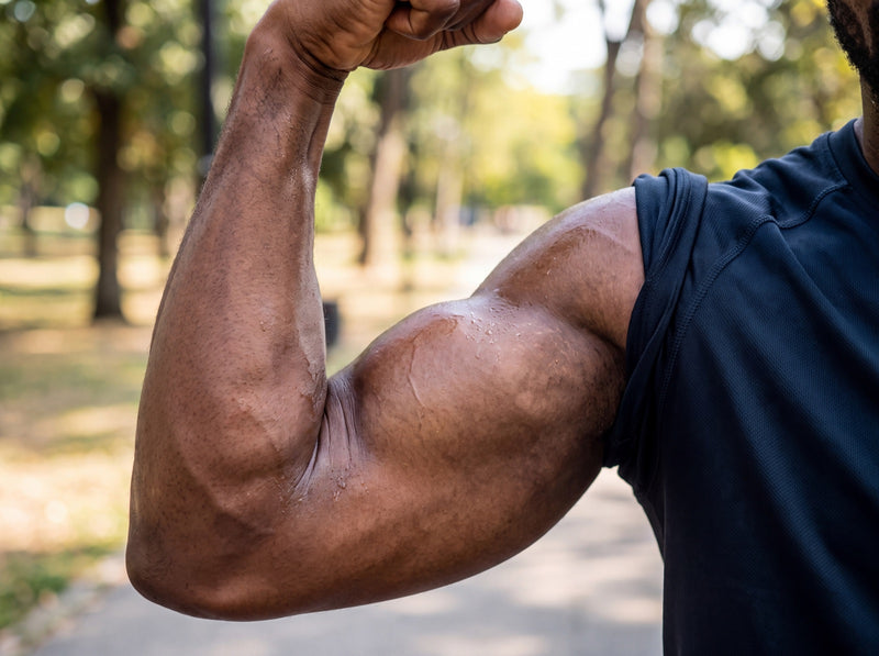 Close-up of a man flexing a strong bicep outdoors