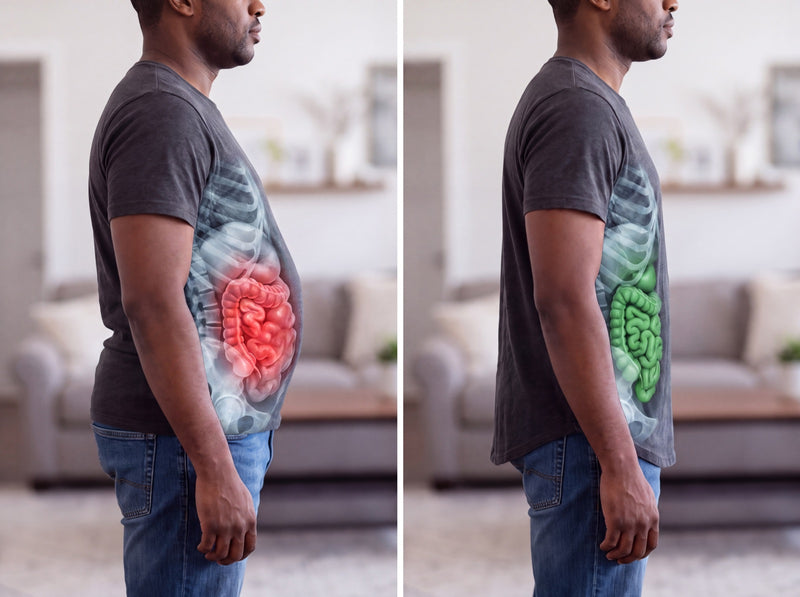 Side profile of a man before and after, showing an inflamed gut versus a healthy gut