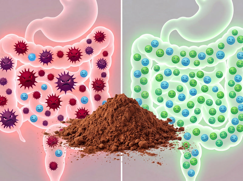 Unbalanced gut full of bad bacteria versus a healthy gut, with a pile of cocoa powder in the middle