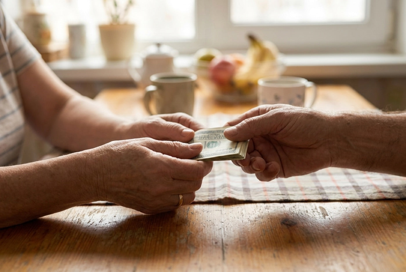 Hands returning a stack of cash across a kitchen table, symbolizing the money-back guarantee