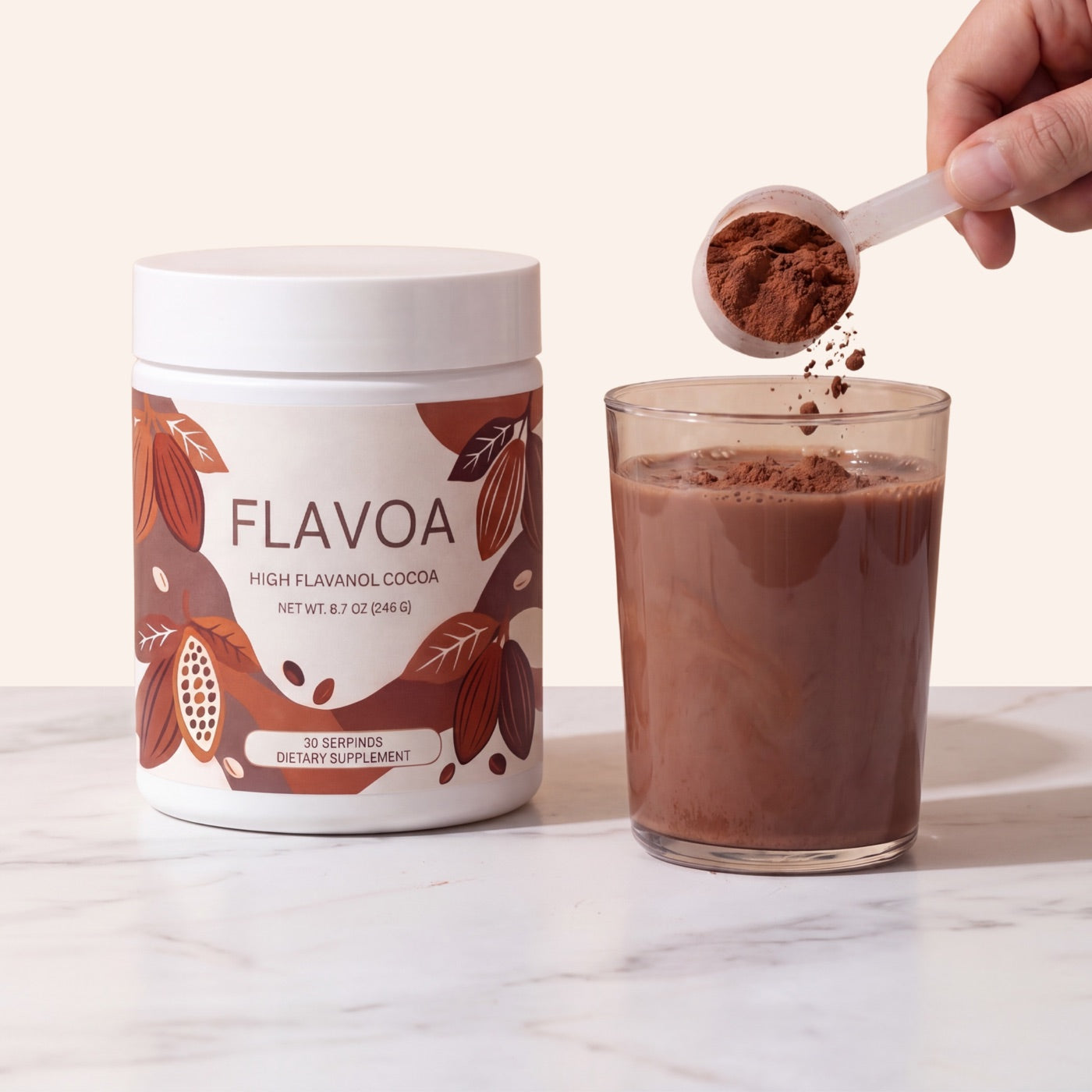 Flavoa high flavanol cocoa jar with a glass of chocolate milk