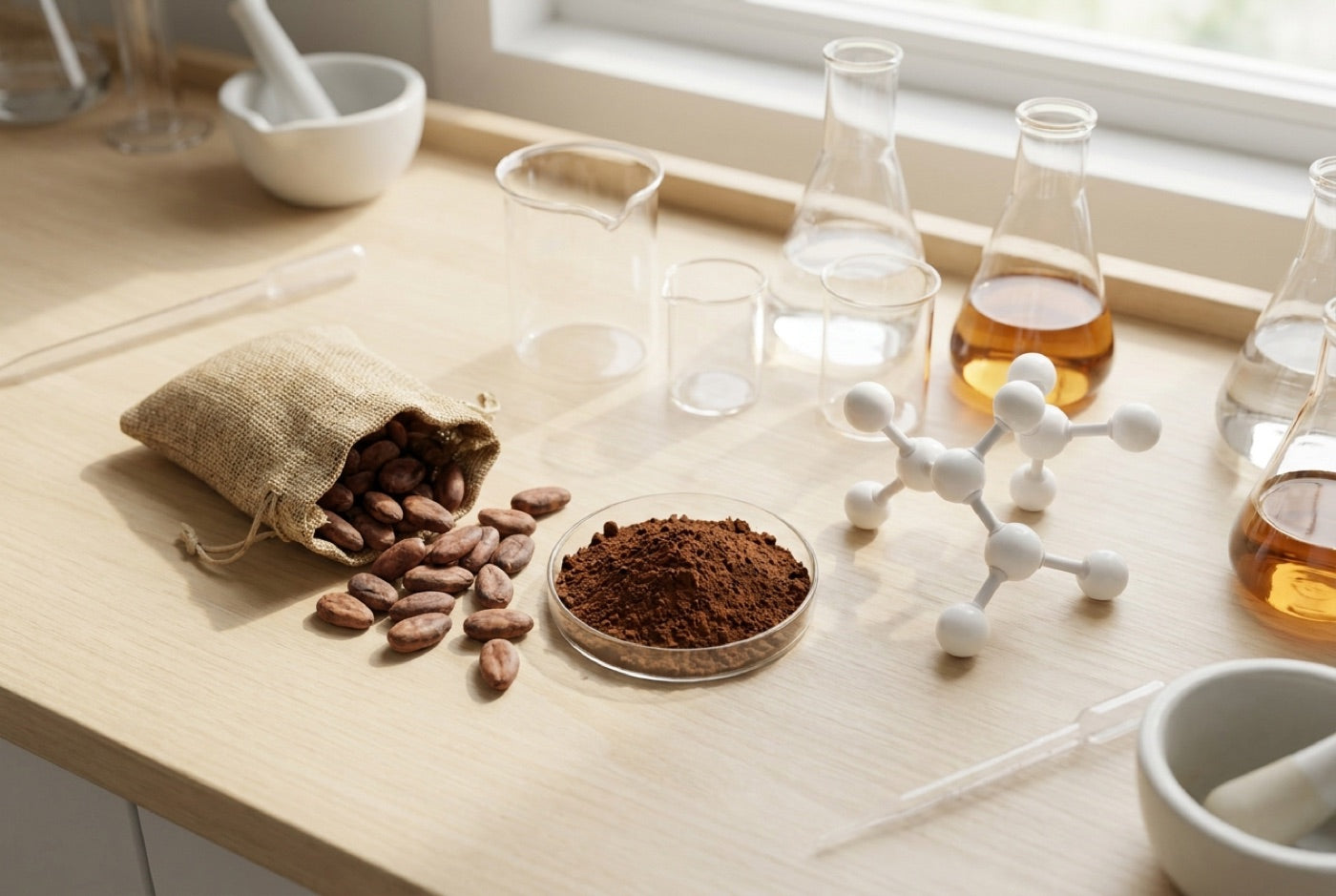 Cacao beans, cocoa powder and a molecular model on a laboratory table