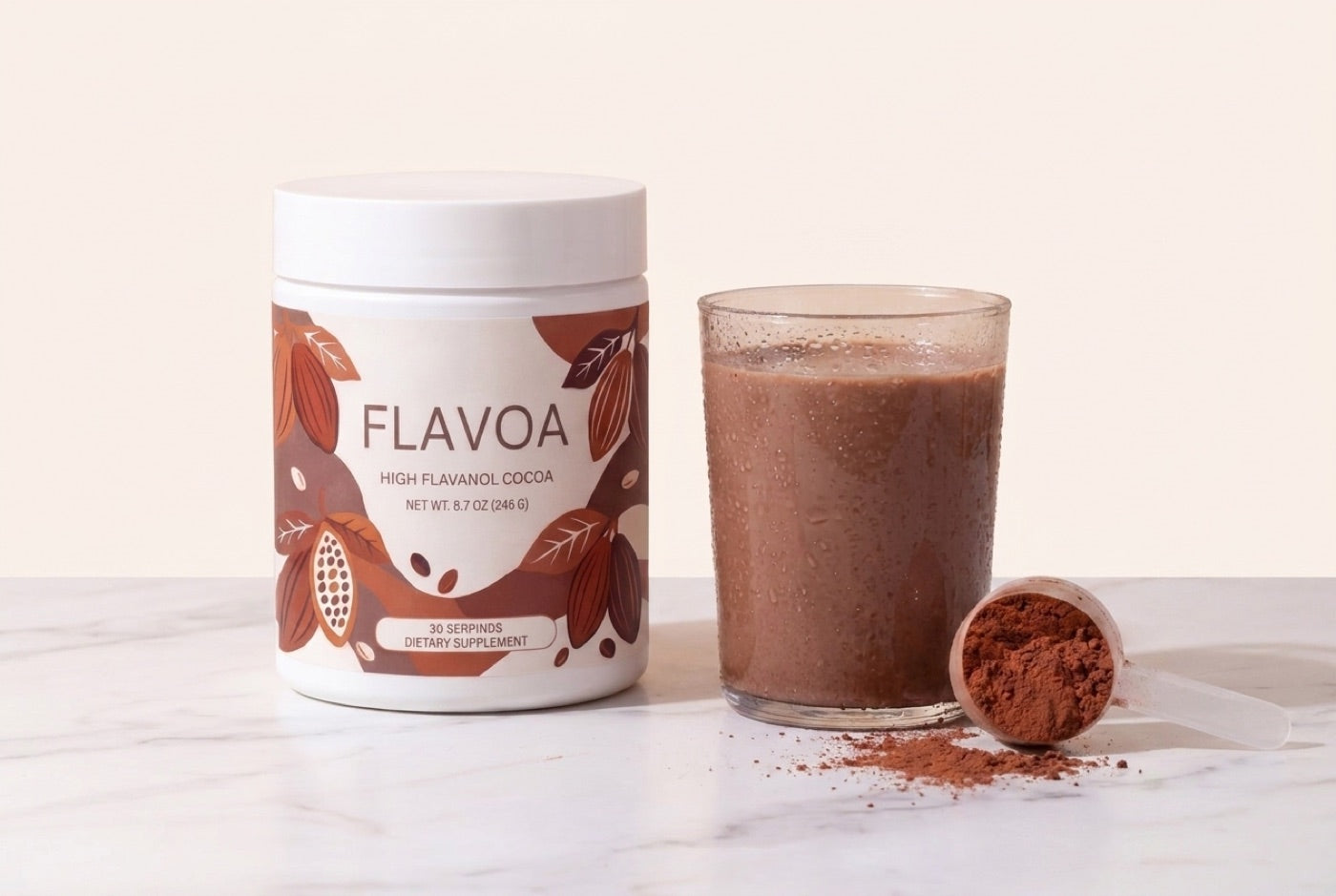 Flavoa jar next to a cold glass of creamy chocolate drink with a scoop of cocoa powder