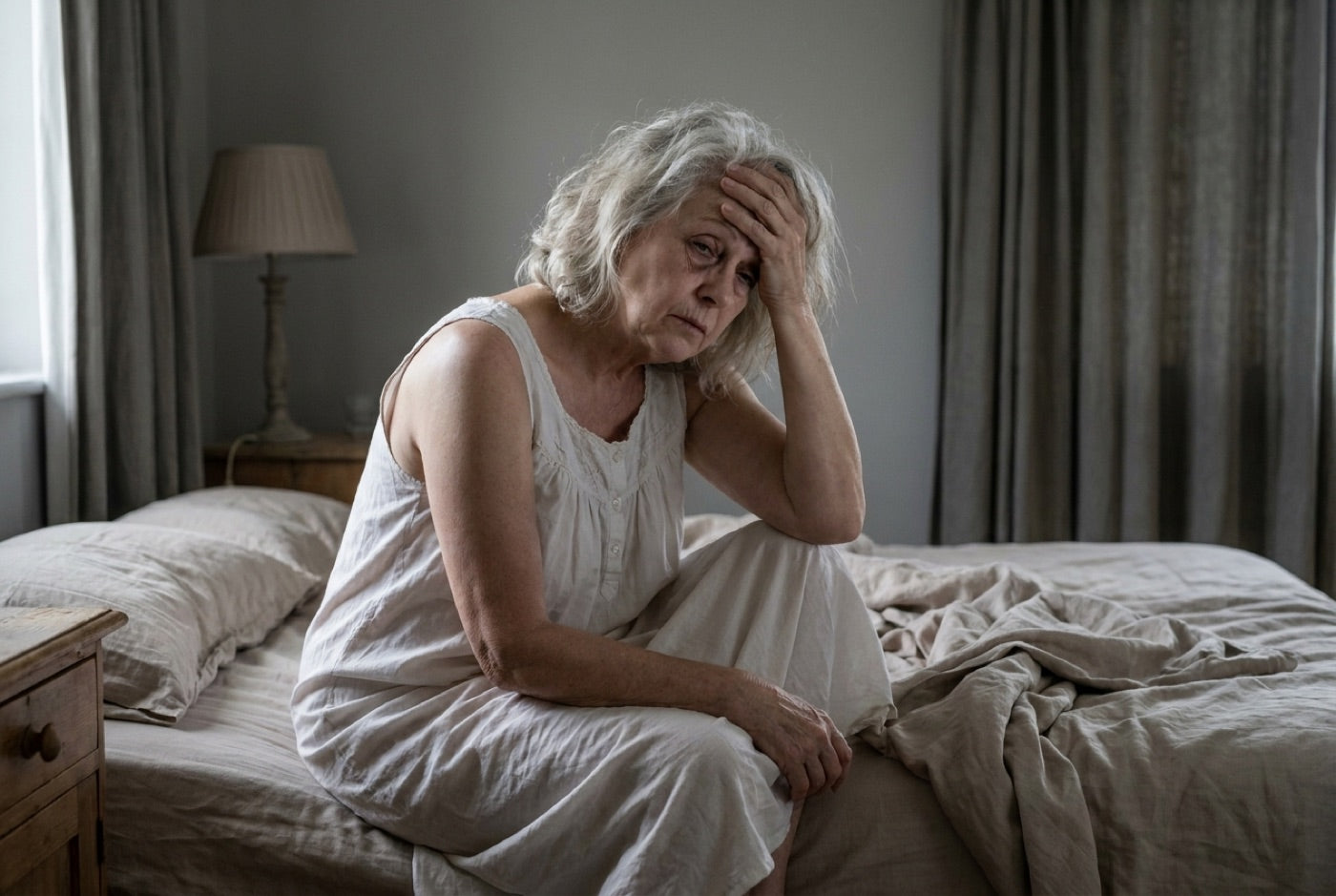 Exhausted woman sitting on the edge of her bed, already drained in the morning