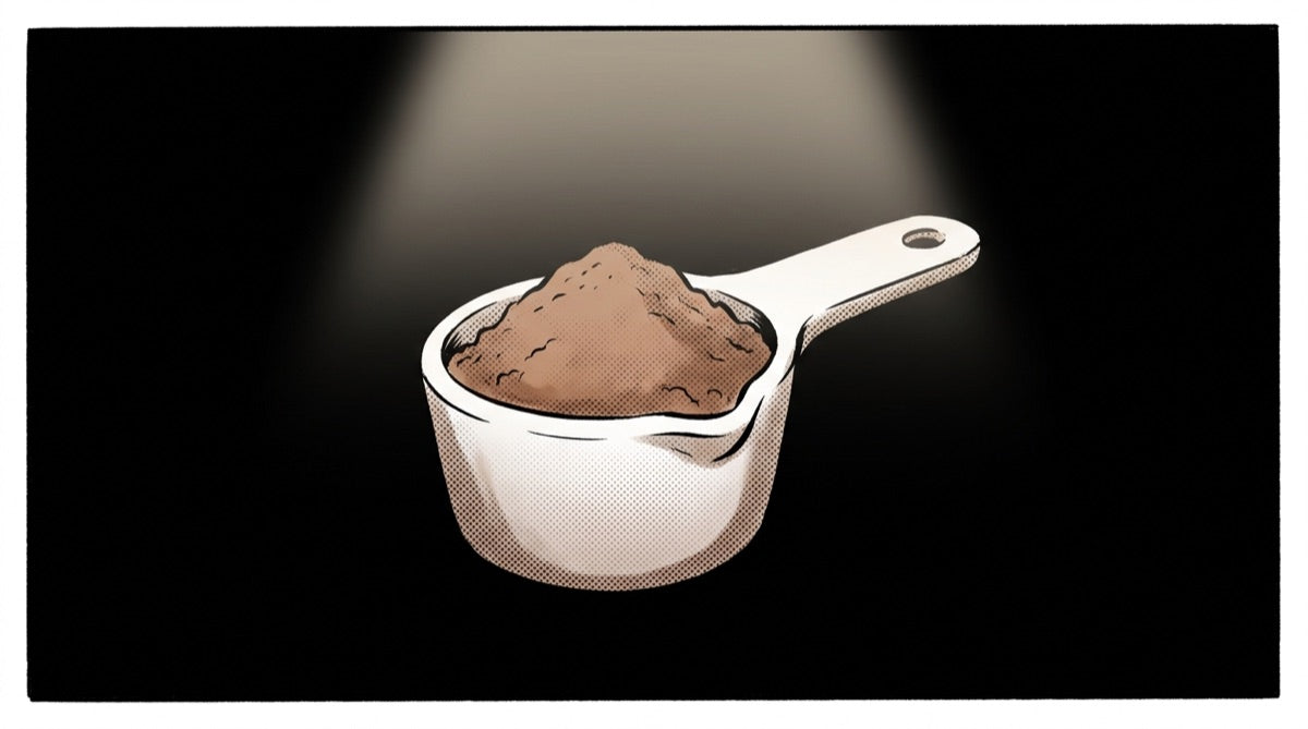 One white scoop of FLAVOA powder on a black background