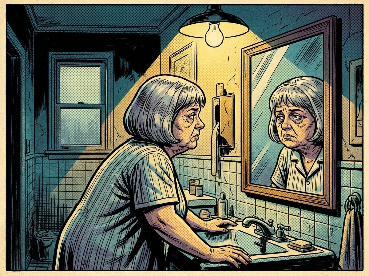 A tired woman stares into a dark bathroom mirror