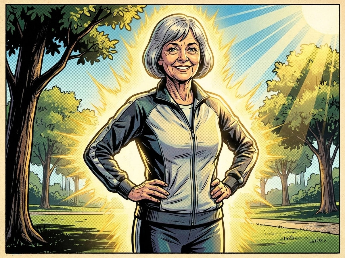 The fire is gone; the woman looks thin, healthy and energetic