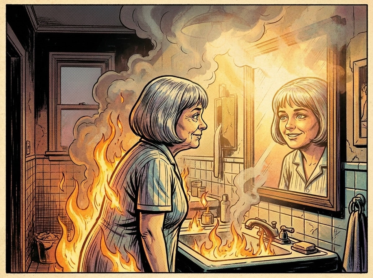 The fire shrinks as a healthier version of the woman appears