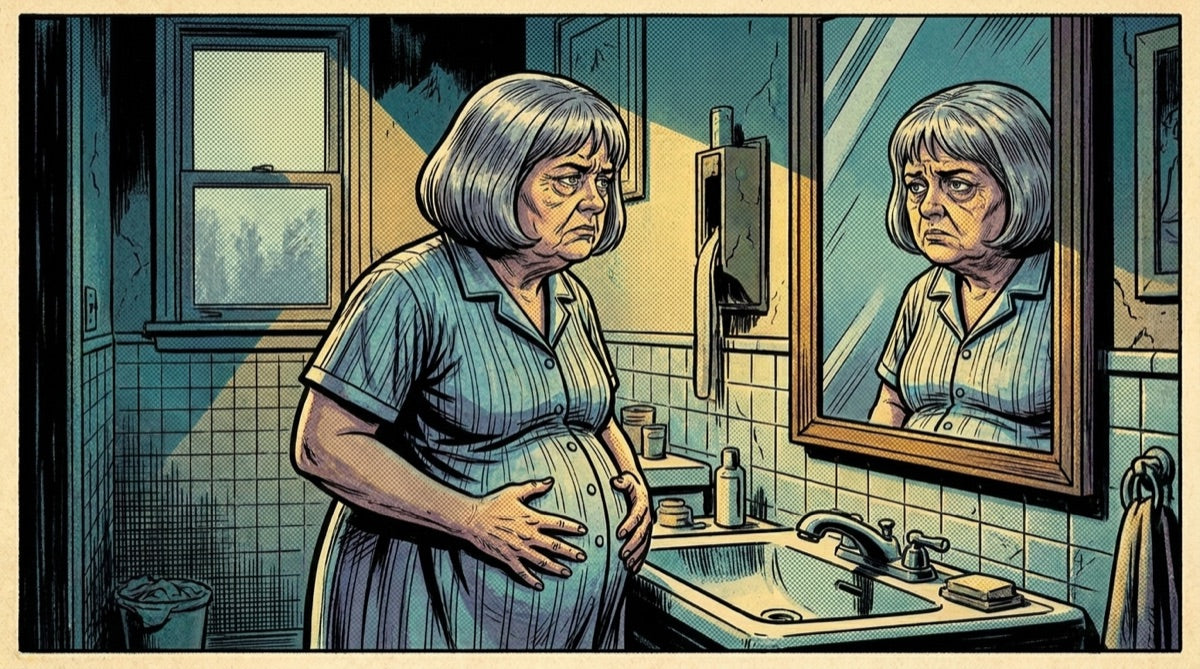 The woman frowns at the mirror with hands on her stomach