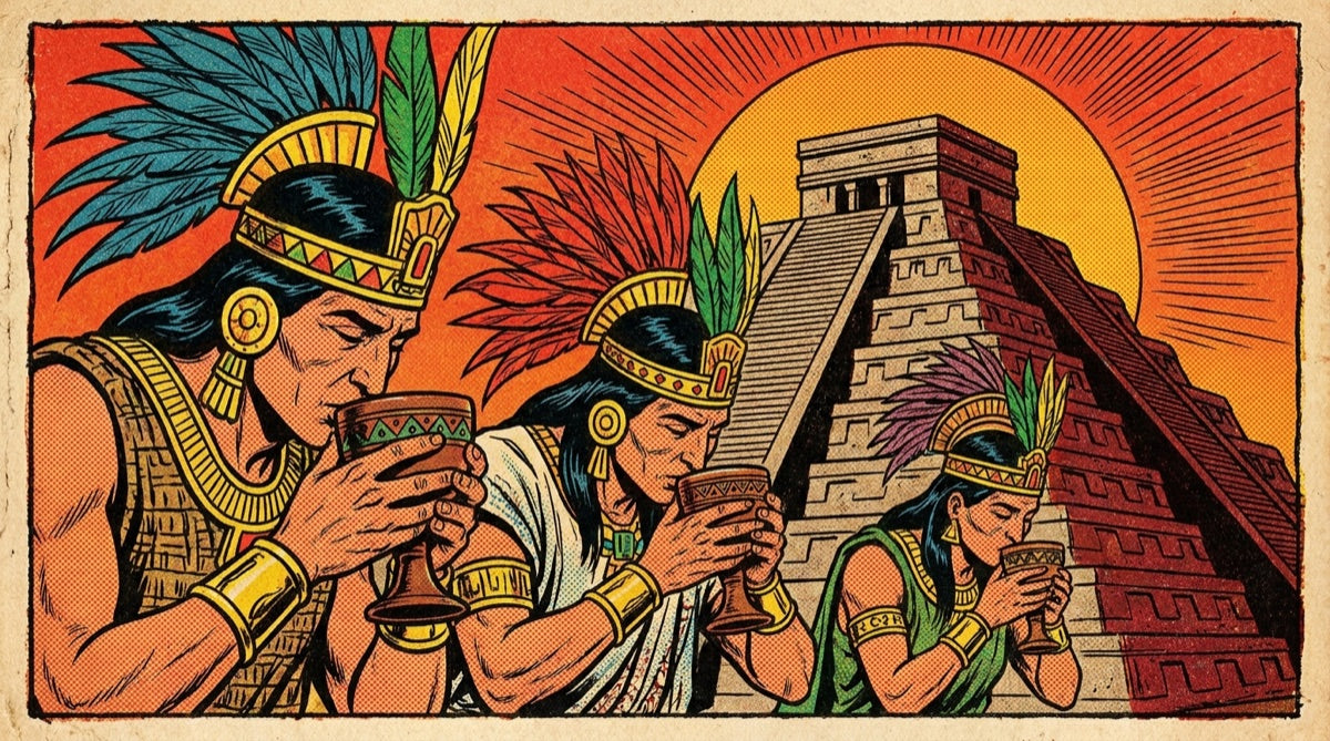 Ancient Aztec people drinking cacao from ceremonial cups