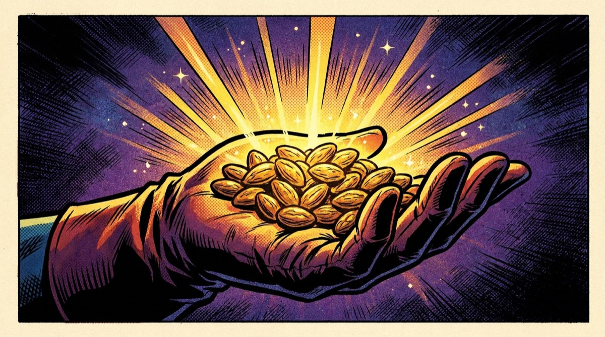 A hand holding glowing cocoa beans