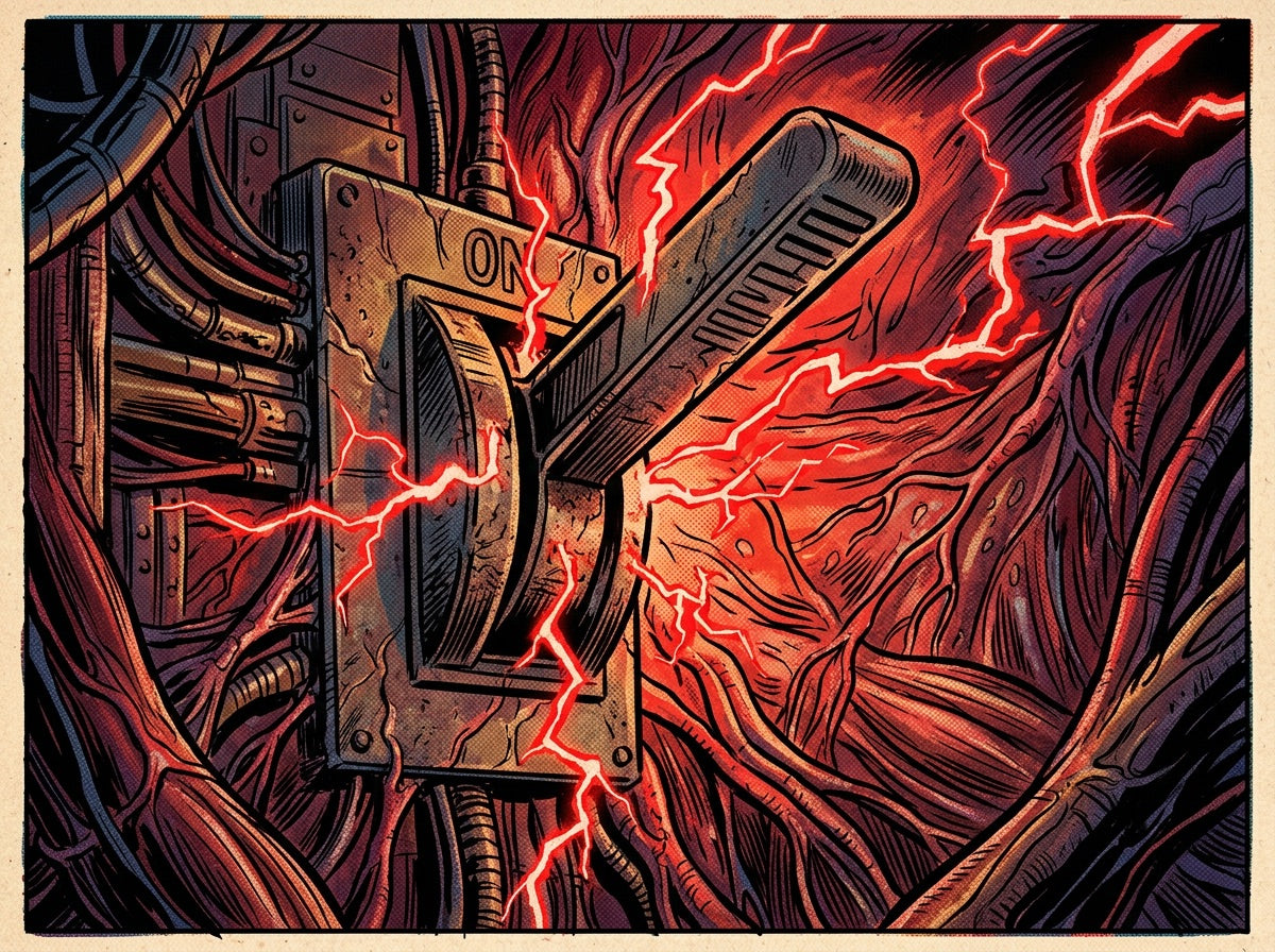 A giant glowing red switch in the ON position