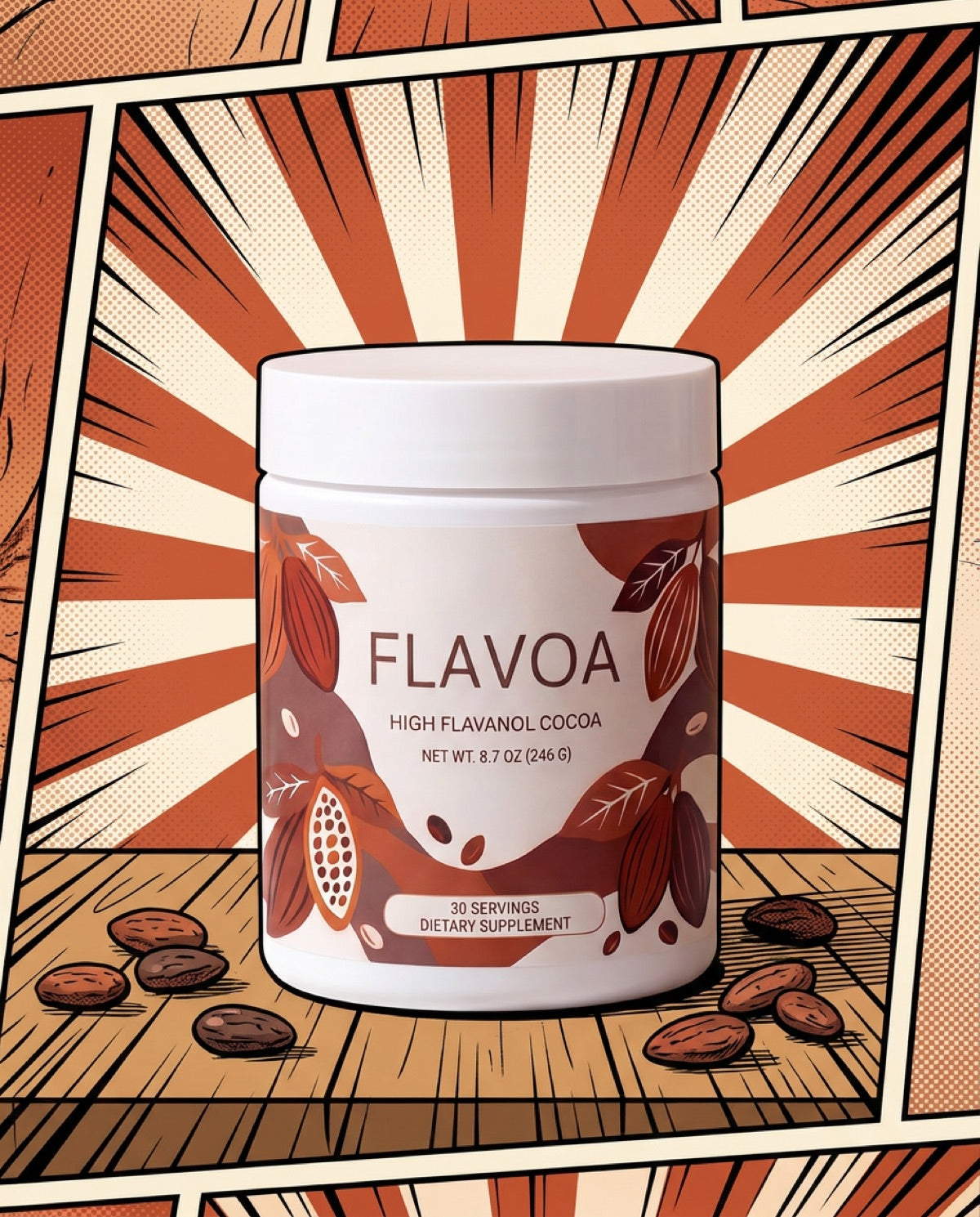 The FLAVOA product jar with a golden sunburst behind it