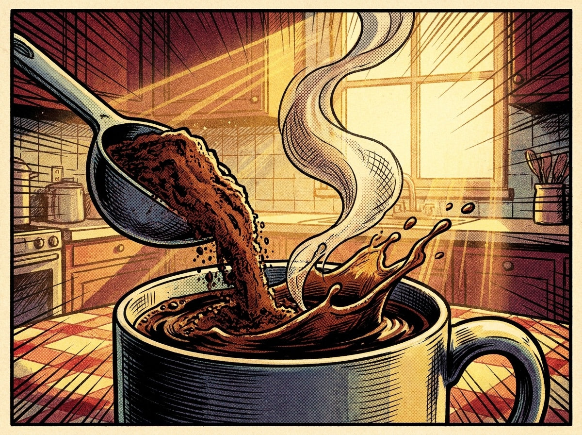 A scoop of cocoa dropping into a morning coffee