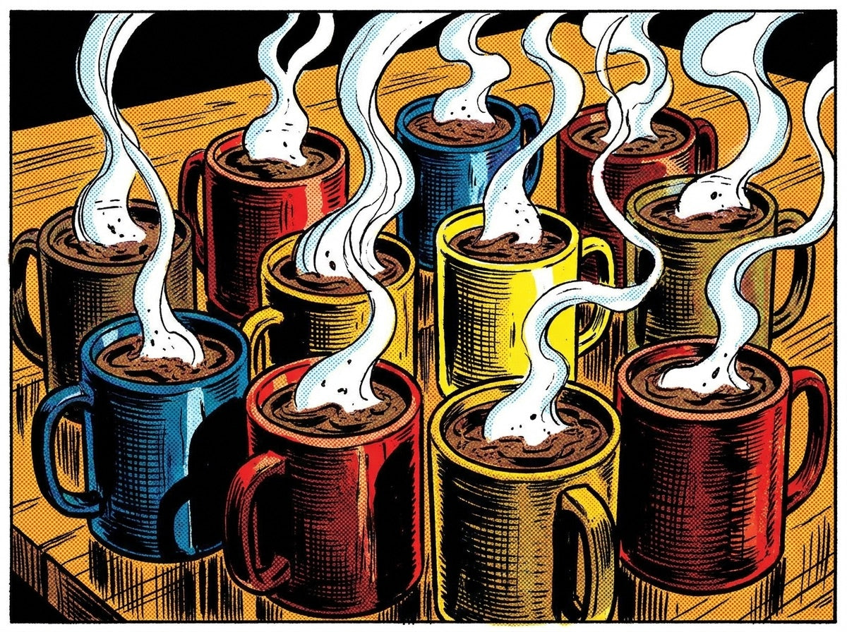 Ten cups of raw cacao lined up on a table