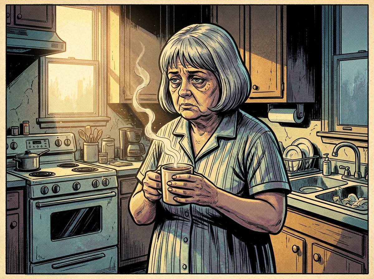 Day 1: the tired woman holding a mug